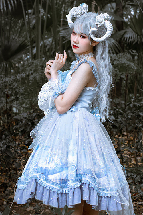 Blue Ruffled Stitching Seam 3D Print Sweet Lolita JSK Dress - Product - 4