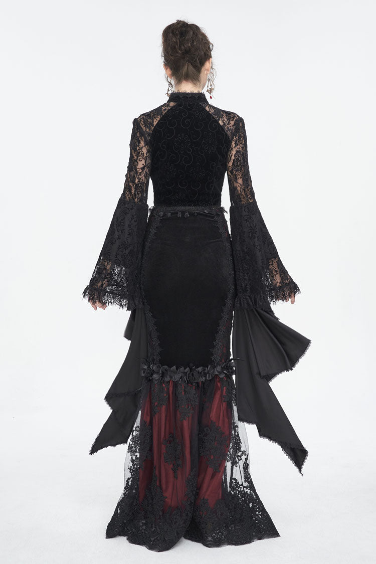 Black Long Trumpet Sleeves Stitching Lace Women's Gothic Blouse - Product - 6