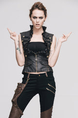 Black/Brown Big Opening Chest Wave Hand Rubbed Leather Collar Women's  Punk Vest - Product - 7