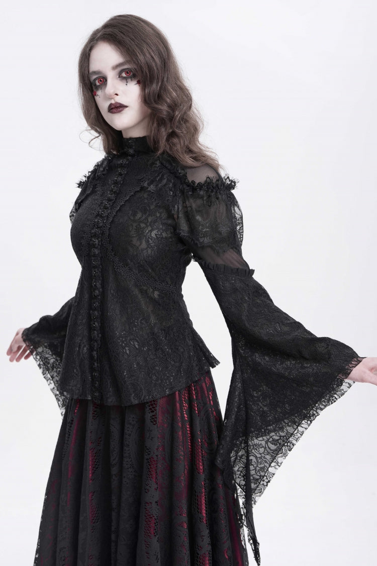 Black Stand Collar Long Trumpet Sleeves Embroidery Stitching Lace Women's Gothic Blouse - Product - 2