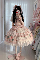 Pink [Berry Sweet Wish] Square Collar Printed Ruffled Open-Front Bow Lace Pearl-Decorated Sweet Lolita Jsk Dress Set - Product - 6