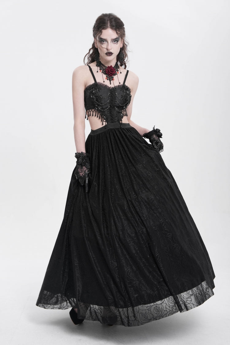 Black Jacquard Floral Embroidery Lace Ripped Women's Gothic Party Slip Dress - Product - 4