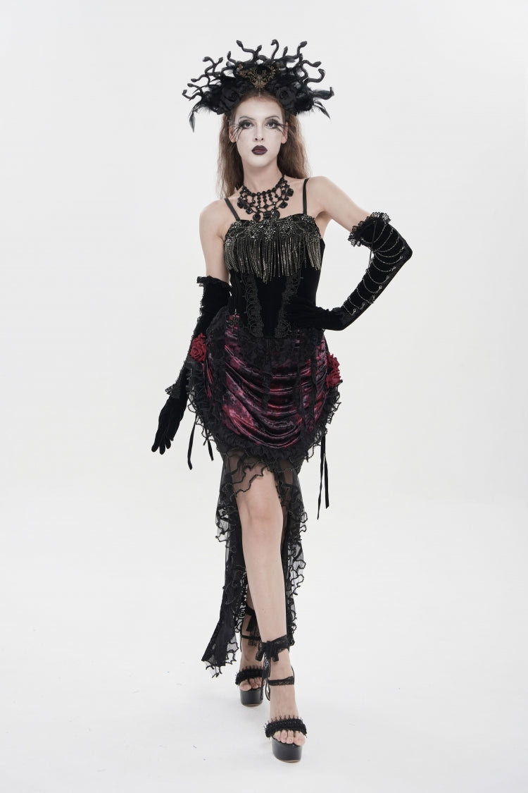 Black Lace-Up Women's Gothic Embroidered Tassels  Overbust Corset - Black - 1