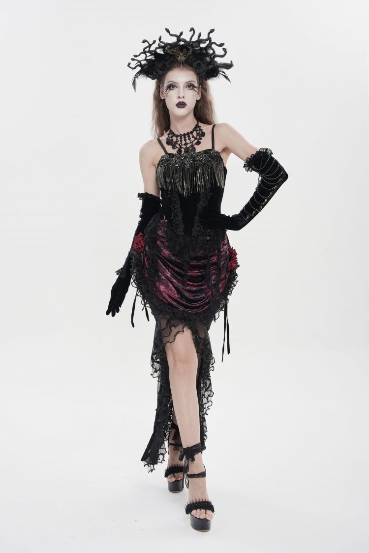 Black Lace-Up Women's Gothic Embroidered Tassels  Overbust Corset - Black - 1