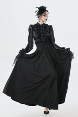 Black Embroidered Lace Trim Pleated Women's Gothic Maxi Skirt - Product - 2