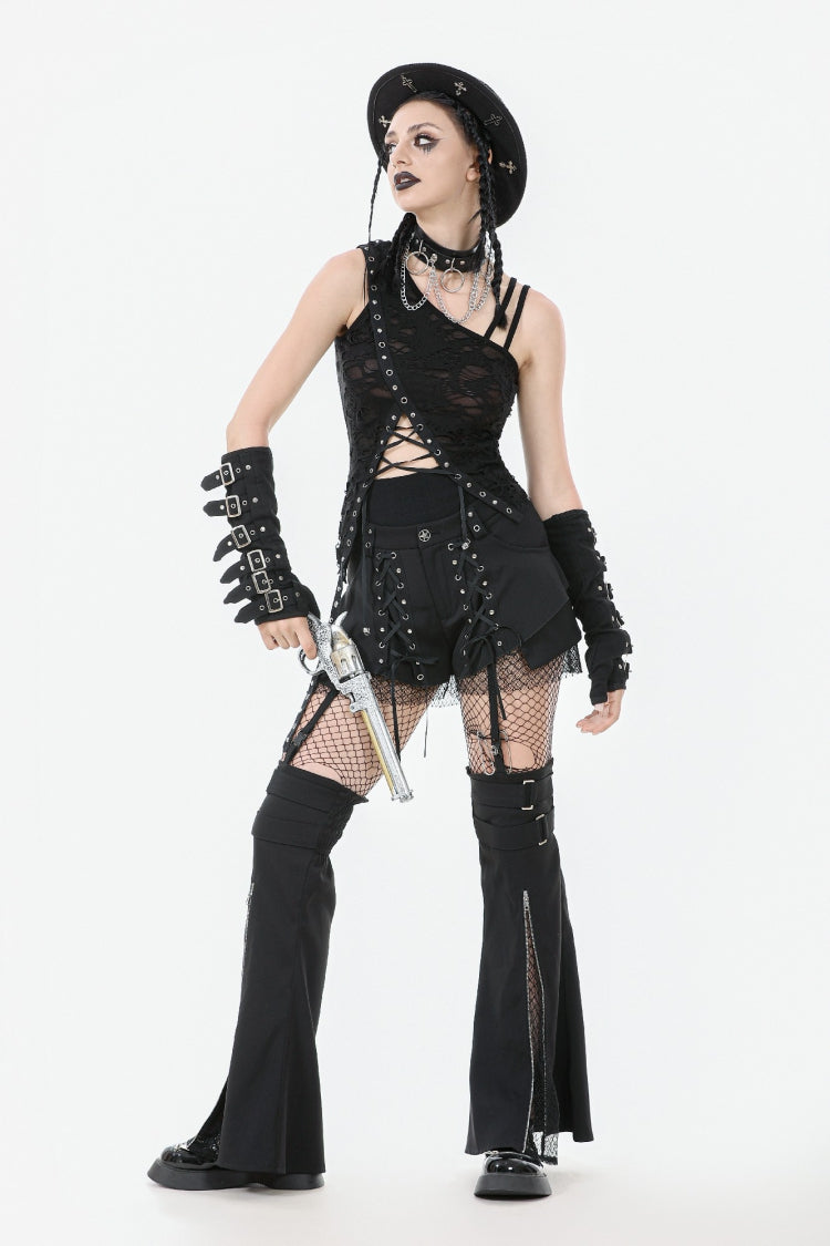 Black Sleeveless Ripped Eyelet Lace-Up Asymmetric Hem Women's Punk Top - Product - 6