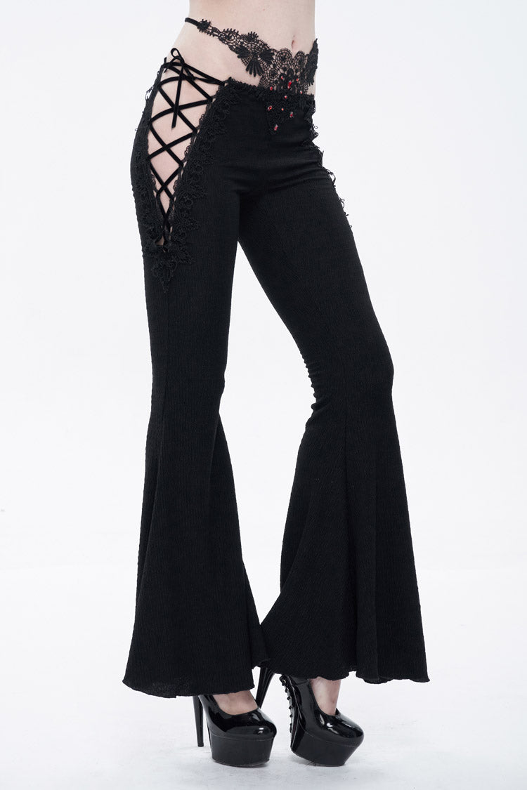 Black Low-Rise Lace Gem-Embellished Bilateral Lace-Up Cutout Flared Women's Gothic Pants - Product - 2