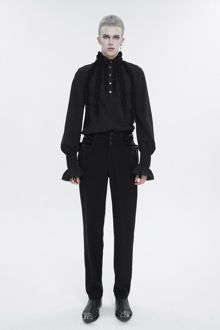 Black Irregular Stand Collar Puff Sleeved Ruffled Men's Gothic Shirt - Product - 2