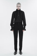 Black Irregular Stand Collar Puff Sleeved Ruffled Men's Gothic Shirt - Product - 2