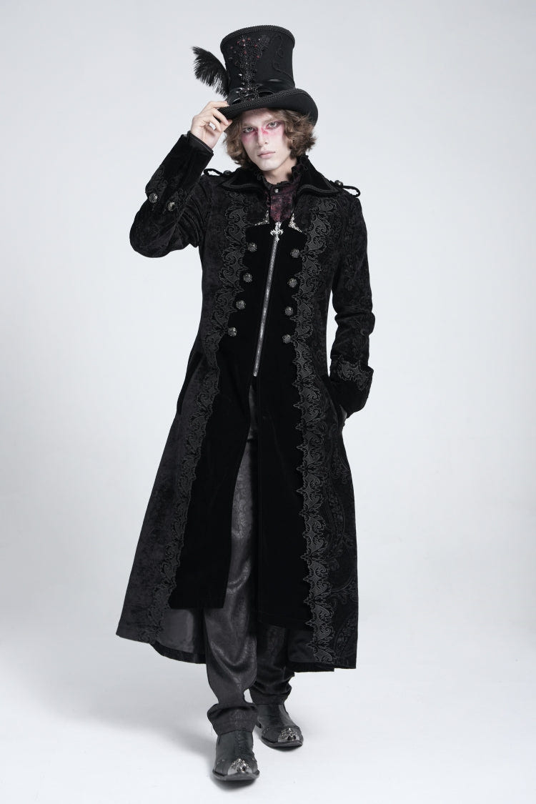 Black Lapel Collar Embroidery Zipper Men's Gothic Handsome Coat - Black - 1