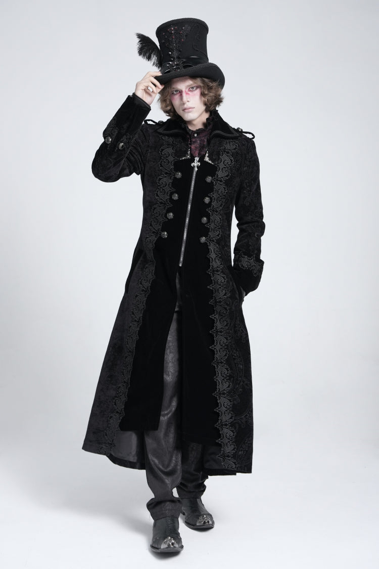 Black Lapel Collar Embroidery Zipper Men's Gothic Handsome Coat - Black - 1
