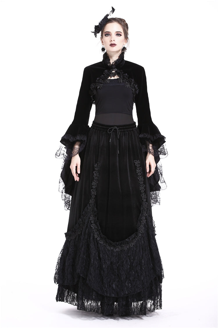 Black Lace Stand Collar Multi-Layered Long Trumpet Sleeves Rosette Velour Women's Gothic Bolero - Product - 7
