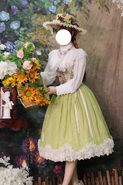 Green Elegant Vintage Tulip Multi-Layer Ruffled Classic Lolita Skirt Dress - Product - 3