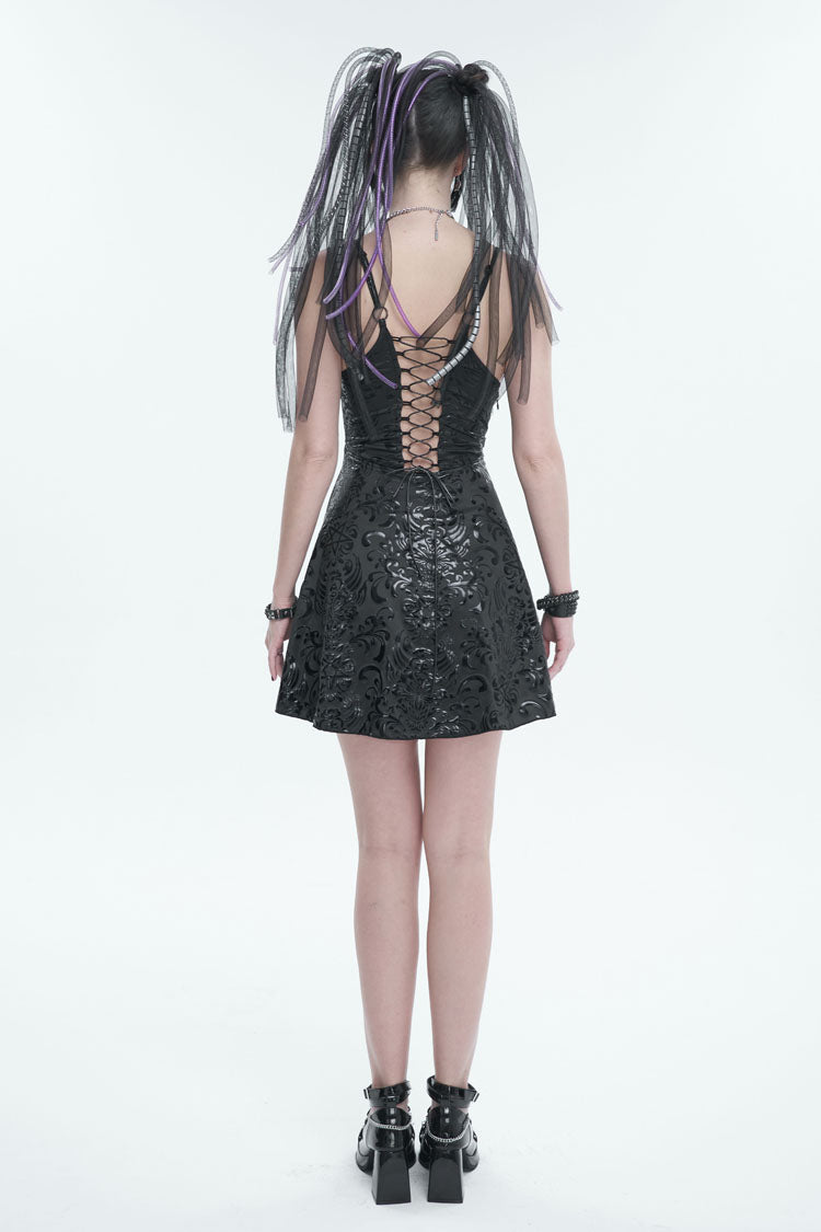 Black Pentagram Embossed Panel Mesh Rope Cutout Women's Gothic Dress - Product - 4