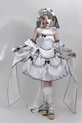 White [Cascade Poem] Sleeveless Multi-Layered Ruffle Hanayome Bowknot Lace Gothic Plus Size Gorgeous Lolita Jsk Short Dress - White - 1