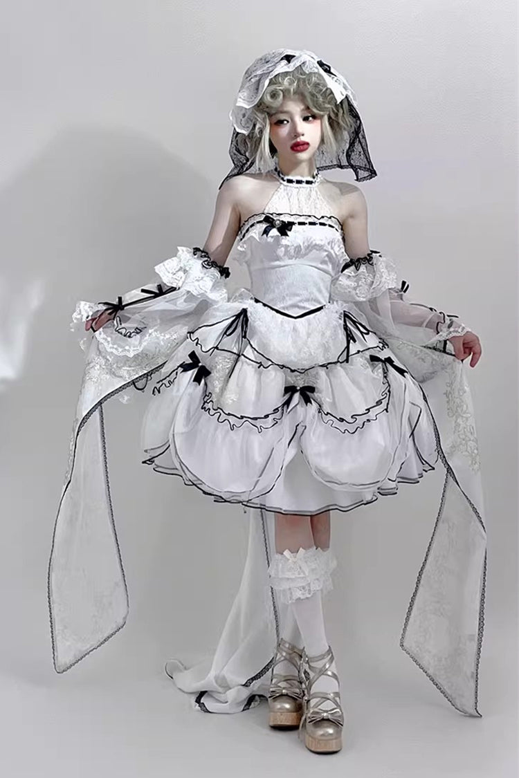 White [Cascade Poem] Sleeveless Multi-Layered Ruffle Hanayome Bowknot Lace Gothic Plus Size Gorgeous Lolita Jsk Short Dress - White - 1