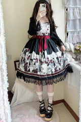 Black [Alice of the Asylum] Print Bowknot Lace Gothic Lolita Dress 2 Versions - Black - 10