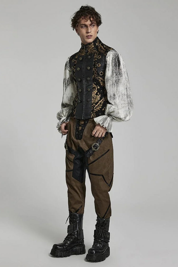 Men's Stand Collar Jacquard Print Stitching Metal Ring Decoration Gothic Vest 2 Colors - Product - 4