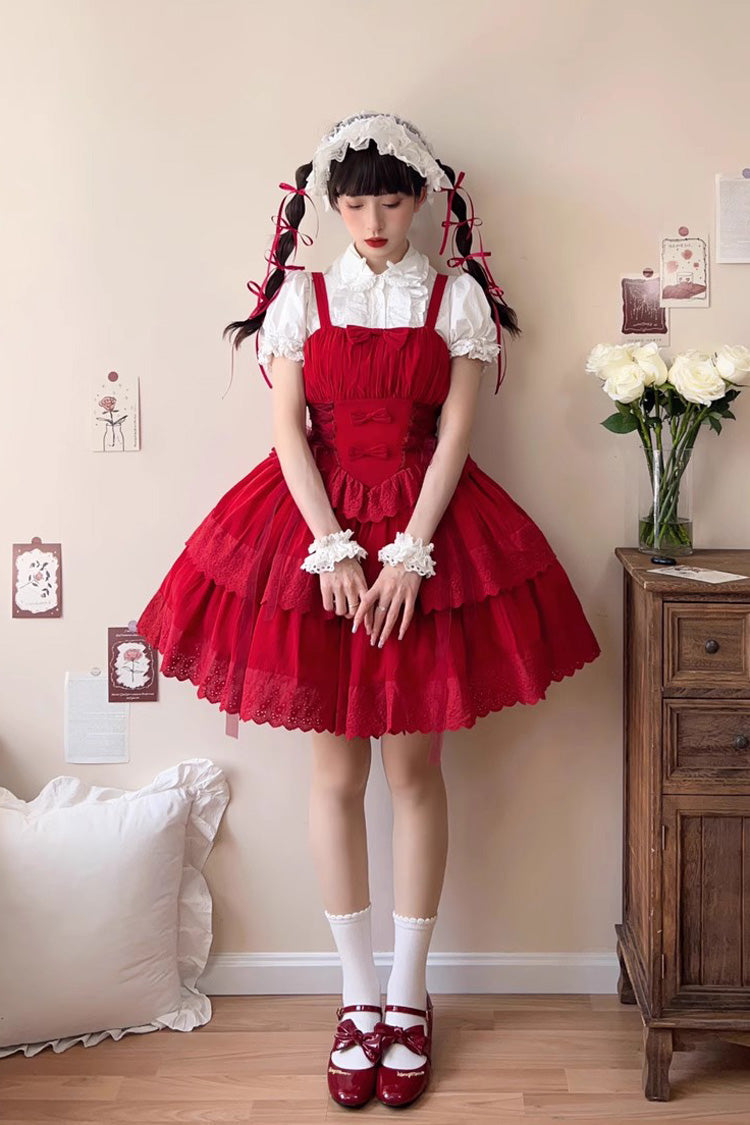 Bowknot Hollow Gothic Lolita Tiered JSK Dress 2 Colors - Red - 2