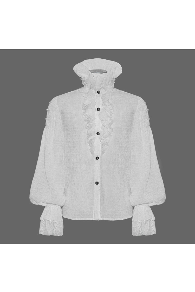 White Ruffle Stand Collar Lantern Sleeves Jacquard Men's Gothic Blouse - Product - 5