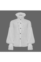 White Ruffle Stand Collar Lantern Sleeves Jacquard Men's Gothic Blouse - Product - 5