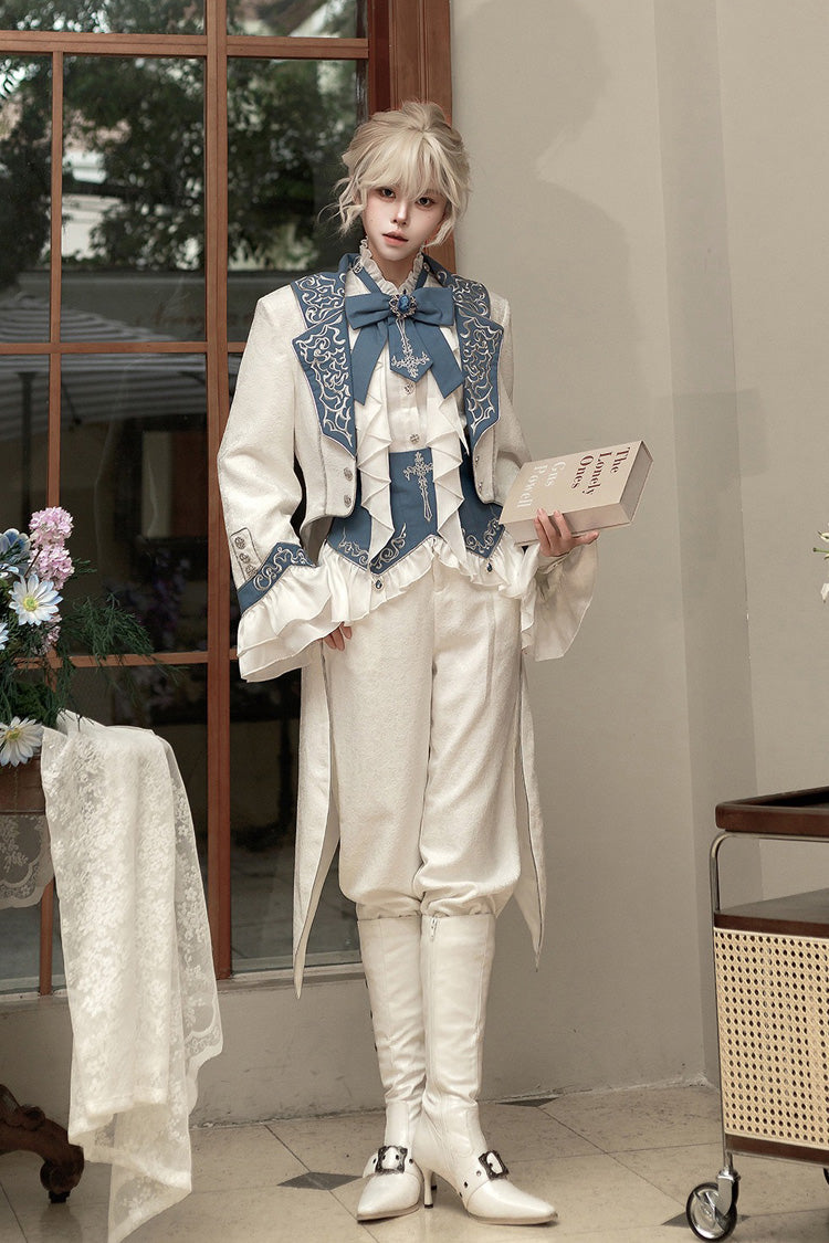 White [Moonlit Paladin Prince] Ruffle Embroidery Bowknot Classic Prince Handsome Ouji Lolita Set - White(Set) - 1