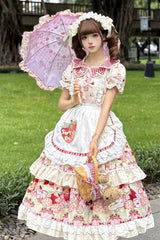 Ivory [Bear Strawberry Ode] Print Short Sleeves Double-Layered Ruffle Bowknot Sweet Princess Lolita Jsk Dress - Product - 3