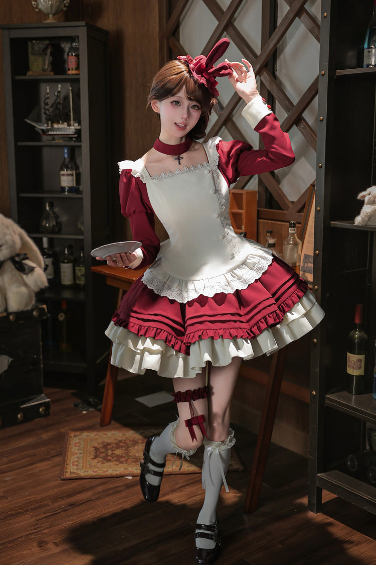 [Liya] Square Collar Long Lantern Sleeves Multi-Layered Ruffled Classic Elegant Lolita Dress 2 Colors (Black, Red) - Product - 16