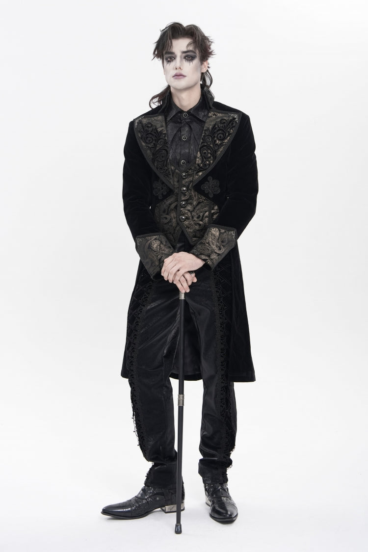 Black Lapel Collar Long Sleeves Jacquard Embroidered Slim Color-Blocked Men's Gothic Jacket - Product - 6
