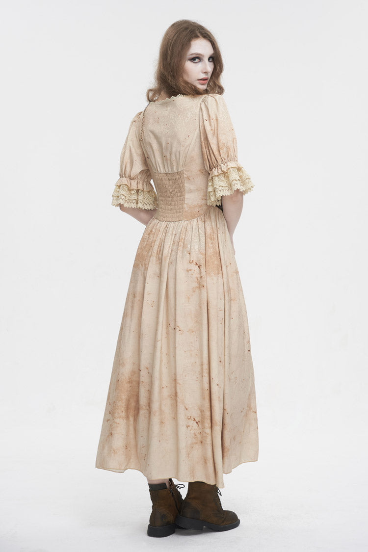 Apricot Plunging Puff Sleeved High Waisted Lace Hem Long Women's Punk Dress - Product - 5