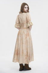 Apricot Plunging Puff Sleeved High Waisted Lace Hem Long Women's Punk Dress - Product - 5