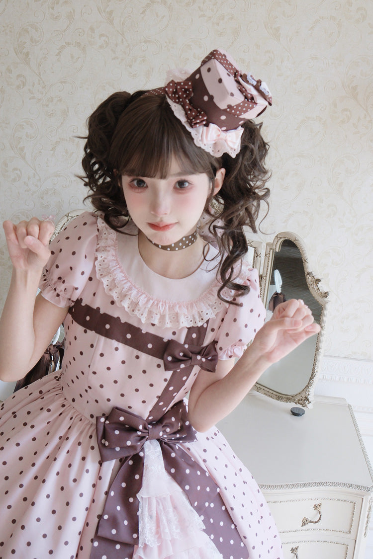 Pink [Canelé Gift Box] Round Collar Short Sleeves Double-Layered Printed Polka Dot Ruffled Open-Front Bow Asymmetric Sweet Lolita Dress - Product - 10