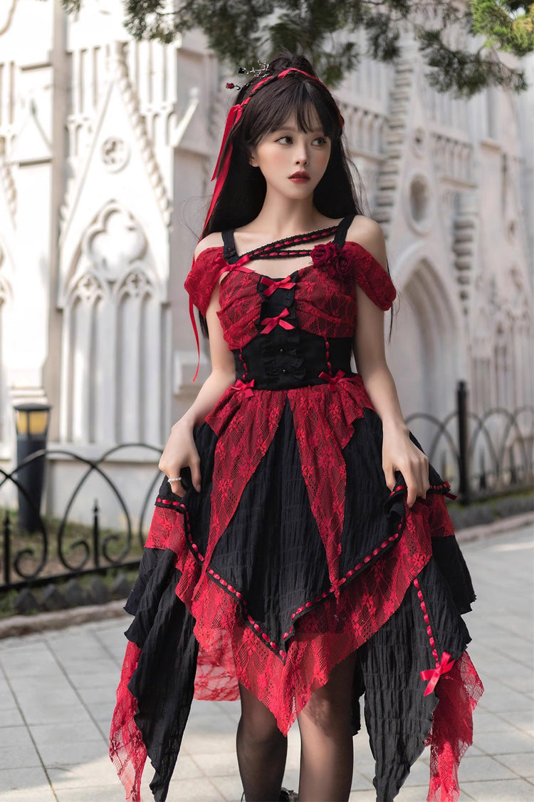 Red/Black Sleeveless High Waisted Print Irregular Gothic Lolita Jsk Dress - Product - 2