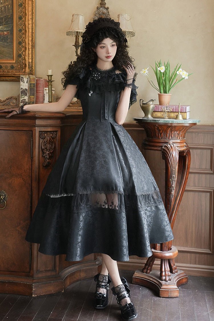 Black [Flowers in the Mist] Off Shoulder Halterneck Print Ruffle Gothic Elegant Lolita Dress - Black - 1