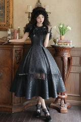 Black [Flowers in the Mist] Off Shoulder Halterneck Print Ruffle Gothic Elegant Lolita Dress - Black - 1
