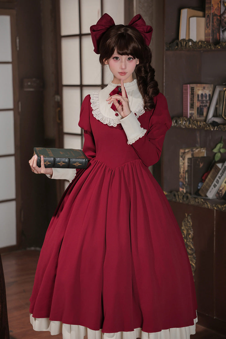 [Miss Lita] Stand Collar Long Lantern Sleeves Triple-Layered Ruffled Classic Elegant Maid Lolita Dress 2 Colors (Red, Black) - Product - 16