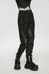 Black Women's Punk Handsome Buckle-up Studded Mesh Cargo Pants - Product - 8