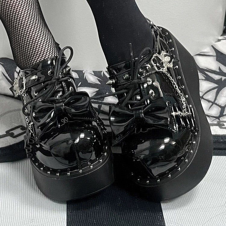 Spider Single-Strap Buckle Bow Round-Toe Punk Gothic Platform Shoes - Product - 7