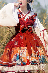 Wine Ukiyolu Cat Print Long Sleeves Chinese Style Fake Two Pieces Bowknot Ruffled Sweet Lolita OP Dress - Wine - 1