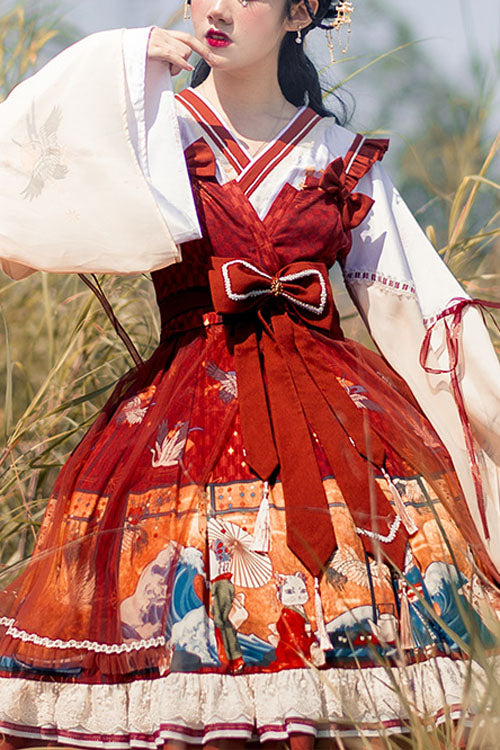 Wine Ukiyolu Cat Print Long Sleeves Chinese Style Fake Two Pieces Bowknot Ruffled Sweet Lolita OP Dress - Wine - 1