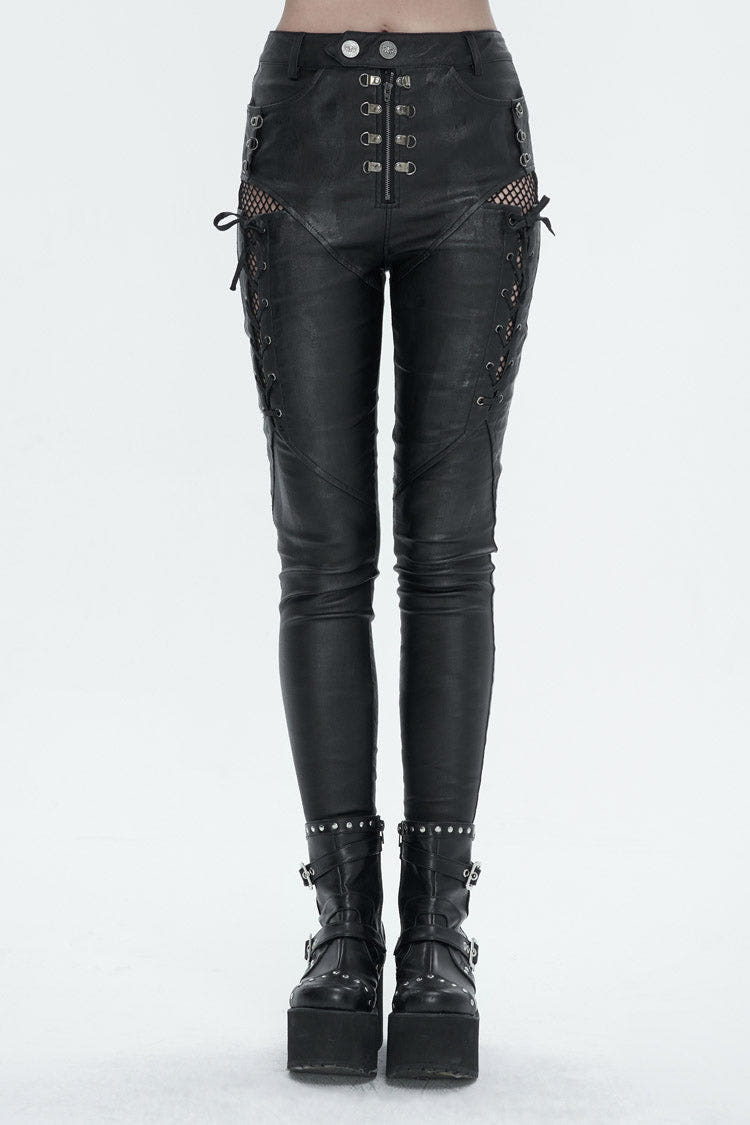 Black Stretch Faux Leather Paneled Mesh Women's Punk Trousers - Black - 1