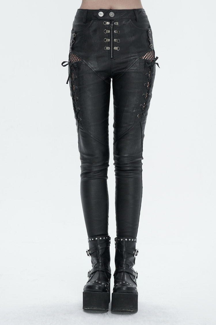 Black Stretch Faux Leather Paneled Mesh Women's Punk Trousers - Black - 1