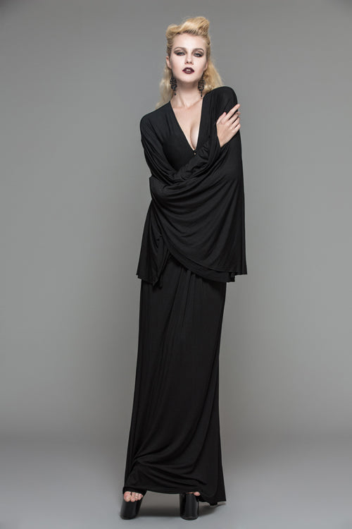 Black Frog Button Sexy Bat Sleeve Deep V Neck Gothic Womens Dress - Product - 2