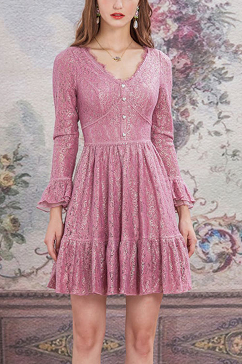 Pink Lace V Collar Pleated Trumpet Sleeves High Waisted Sweet Lolita OP Dress - Pink - 1