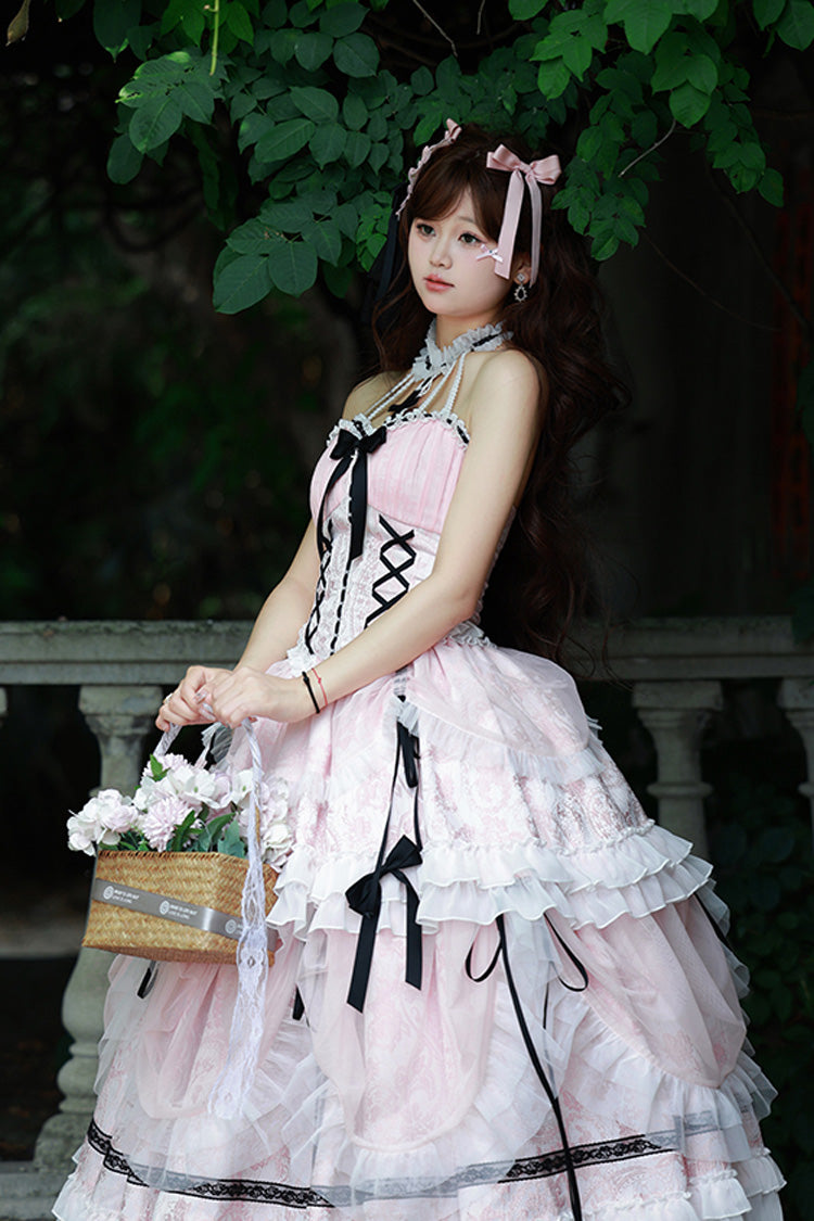 Pink Cross Halterneck Ruffle Bowknot Lace Lace-Up Princess Sweet Lolita Dress - Product - 7