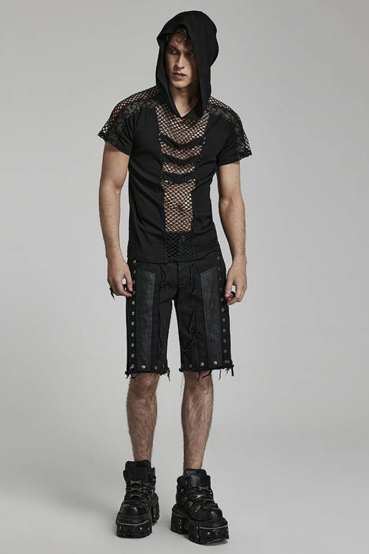 Black Short Sleeves Hollow Stitching Hooded Mesh Mens Steampunk T-Shirt - Product - 4