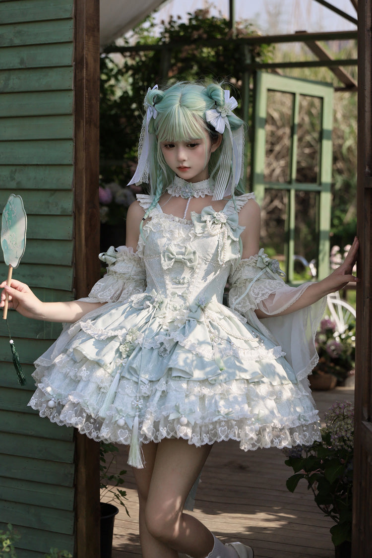 Green [Prelude of Spring Cherry] Square Collar Sleeveless Multi-Layered Jacquard Ruffled Bow Lace Pearl-Decorated Sweet Lolita Jsk Dress - Product - 3