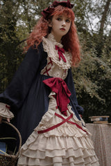 Blue Round Collar Bowknot Long Sleeves Multi-Layer Ruffled Sweet Lolita OP Dress (Plus Size Version) - Product - 5