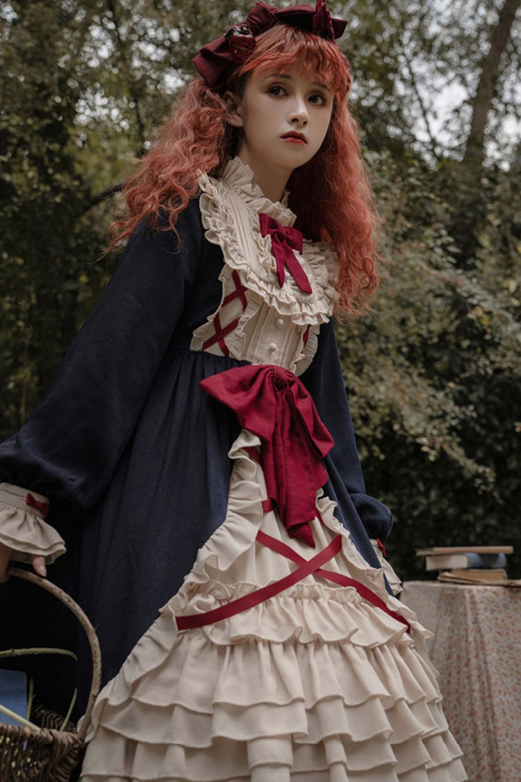 Blue Round Collar Bowknot Long Sleeves Multi-Layer Ruffled Sweet Lolita OP Dress (Plus Size Version) - Product - 5