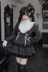 [Doki!] Stand Collar Long Sleeves Printed Ruffled Lace-Up Sweet Cool Lolita Dress 2 Colors(Black, Grey) - Product - 3